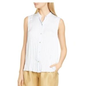 Vince Sleeveless Satin Crushed Band Collar Blouse in Powder Blue